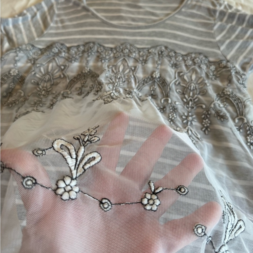 Maurices Gray and White Striped Embroidered Scoop Neck Top with mesh overlay - Picture 3 of 8